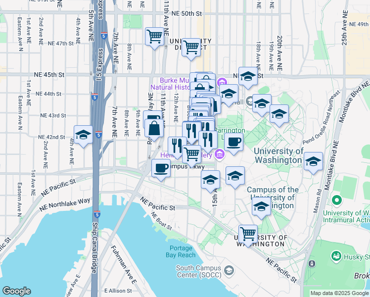 map of restaurants, bars, coffee shops, grocery stores, and more near 4105 Brooklyn Avenue Northeast in Seattle
