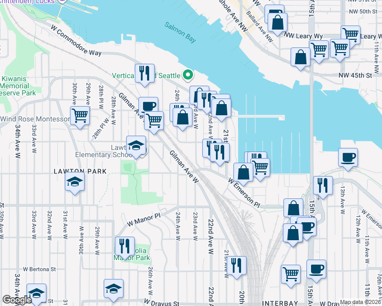 map of restaurants, bars, coffee shops, grocery stores, and more near 4035 23rd Avenue West in Seattle