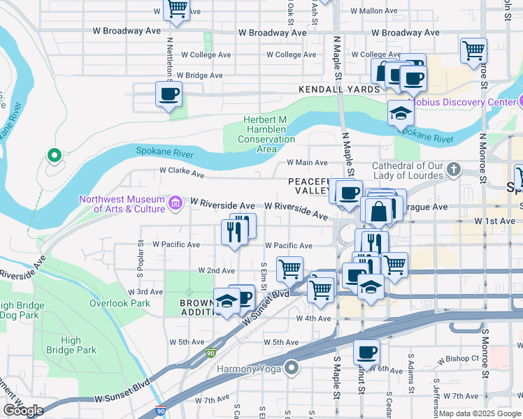 map of restaurants, bars, coffee shops, grocery stores, and more near 12 South Elm Street in Spokane