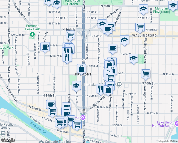 map of restaurants, bars, coffee shops, grocery stores, and more near 4111 Whitman Avenue North in Seattle