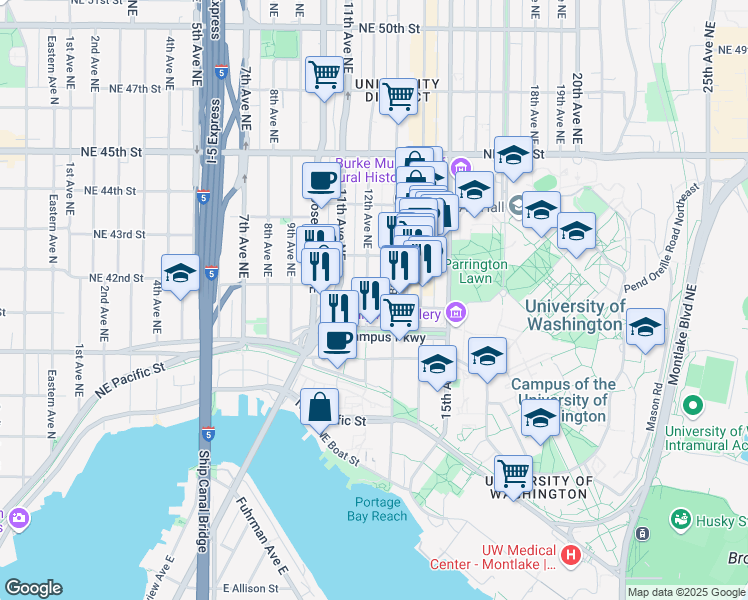 map of restaurants, bars, coffee shops, grocery stores, and more near 4106 12th Avenue Northeast in Seattle