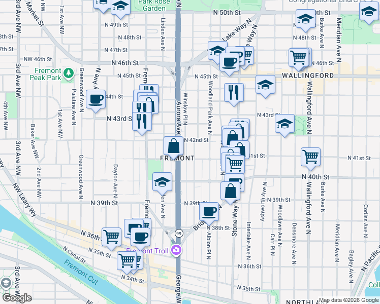map of restaurants, bars, coffee shops, grocery stores, and more near 4033 Whitman Avenue North in Seattle