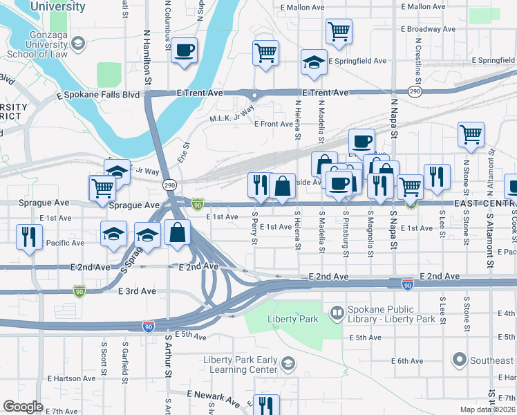 map of restaurants, bars, coffee shops, grocery stores, and more near 102 South Perry Street in Spokane