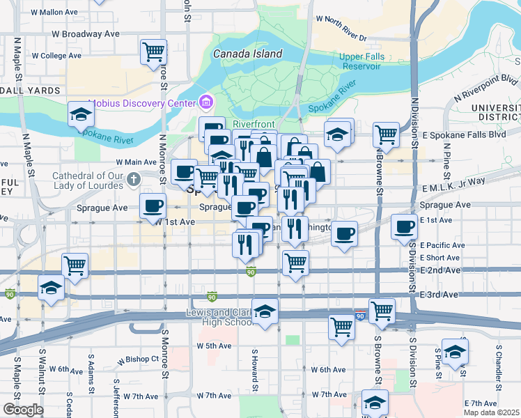 map of restaurants, bars, coffee shops, grocery stores, and more near 514 West 1st Avenue in Spokane