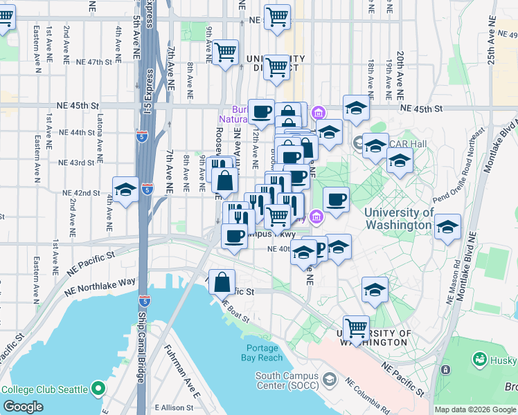 map of restaurants, bars, coffee shops, grocery stores, and more near 1100 Northeast Campus Parkway in Seattle
