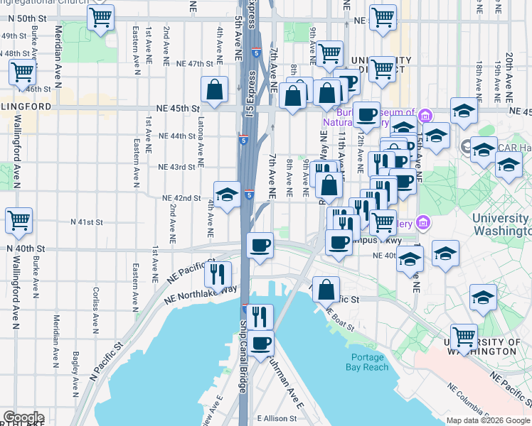 map of restaurants, bars, coffee shops, grocery stores, and more near in Seattle