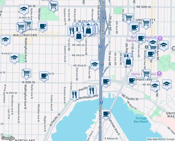 map of restaurants, bars, coffee shops, grocery stores, and more near 4033 4th Avenue Northeast in Seattle