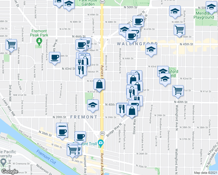 map of restaurants, bars, coffee shops, grocery stores, and more near 4033 Whitman Avenue North in Seattle