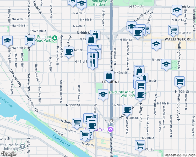 map of restaurants, bars, coffee shops, grocery stores, and more near 4025 Linden Avenue North in Seattle