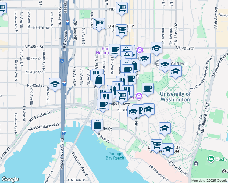 map of restaurants, bars, coffee shops, grocery stores, and more near 4106 12th Avenue Northeast in Seattle