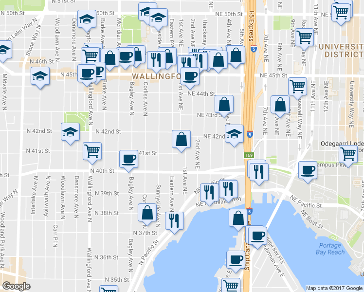 map of restaurants, bars, coffee shops, grocery stores, and more near 4053 1st Avenue Northeast in Seattle