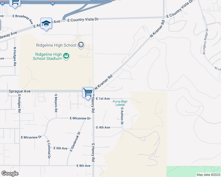 map of restaurants, bars, coffee shops, grocery stores, and more near 20511 East 1st Avenue in Spokane County