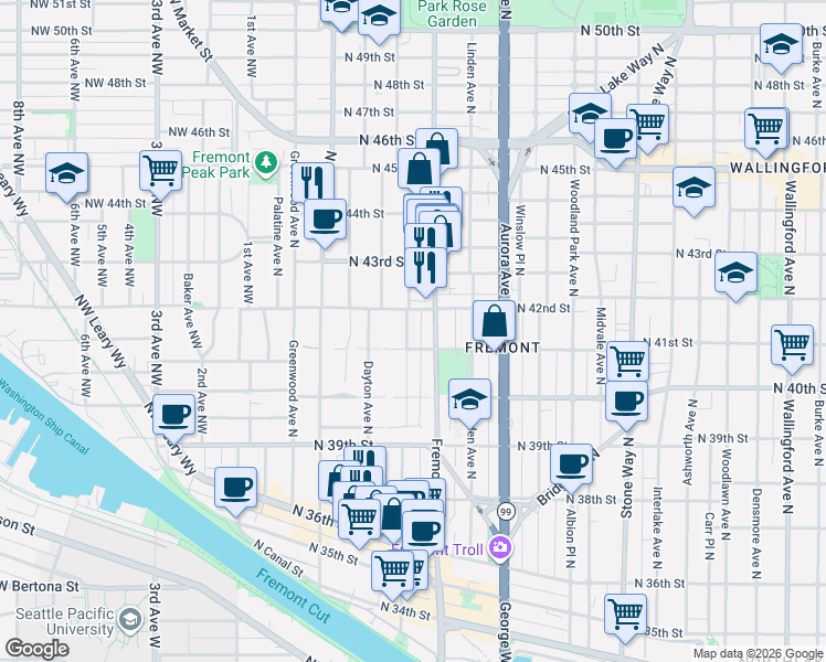 map of restaurants, bars, coffee shops, grocery stores, and more near 4114 Evanston Avenue North in Seattle