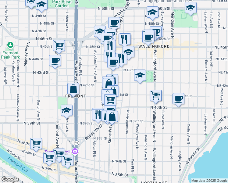 map of restaurants, bars, coffee shops, grocery stores, and more near 1317 North 41st Street in Seattle