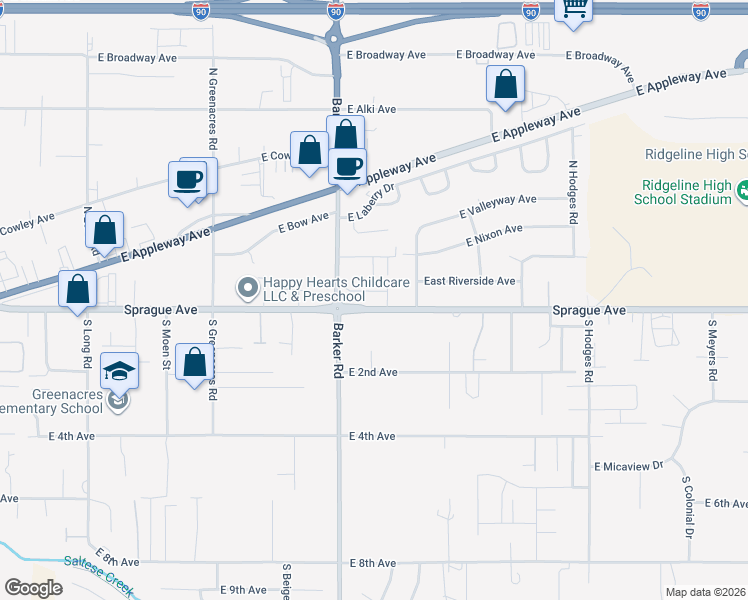 map of restaurants, bars, coffee shops, grocery stores, and more near 18808 East Sprague Avenue in Spokane Valley