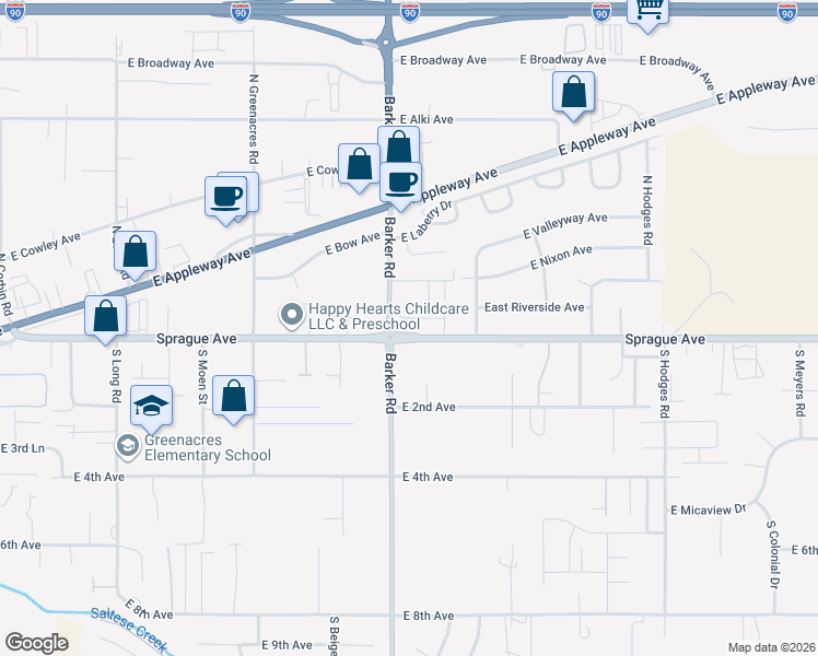 map of restaurants, bars, coffee shops, grocery stores, and more near 11 South Barker Road in Spokane Valley