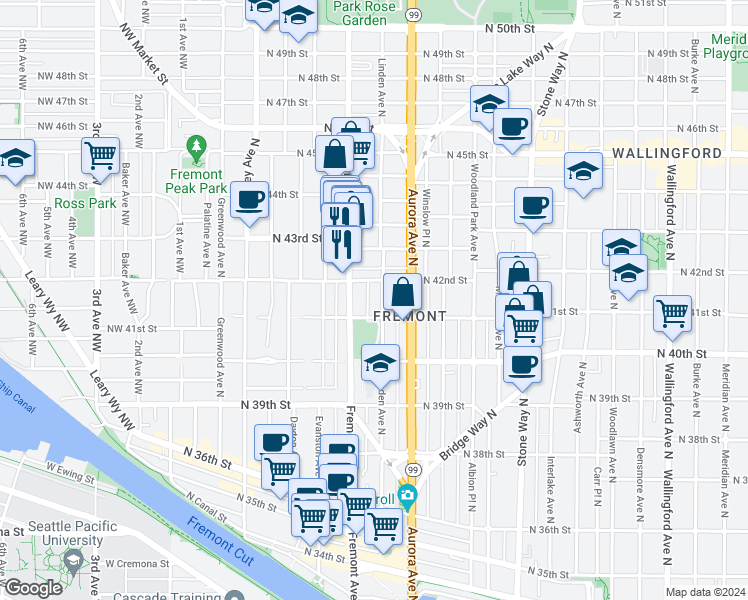 map of restaurants, bars, coffee shops, grocery stores, and more near 4025 Linden Avenue North in Seattle