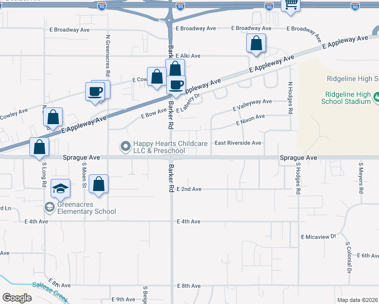 map of restaurants, bars, coffee shops, grocery stores, and more near 18808 East Sprague Avenue in Spokane Valley