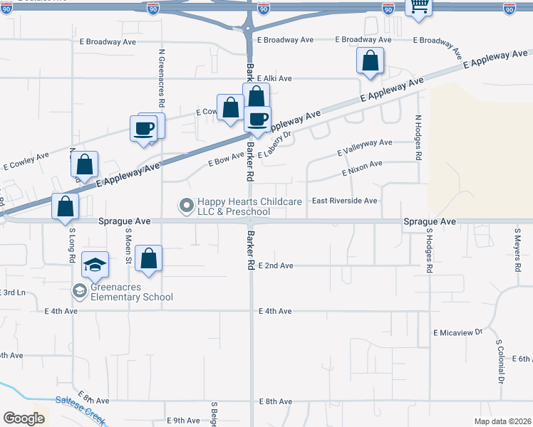 map of restaurants, bars, coffee shops, grocery stores, and more near 11 South Barker Road in Spokane Valley