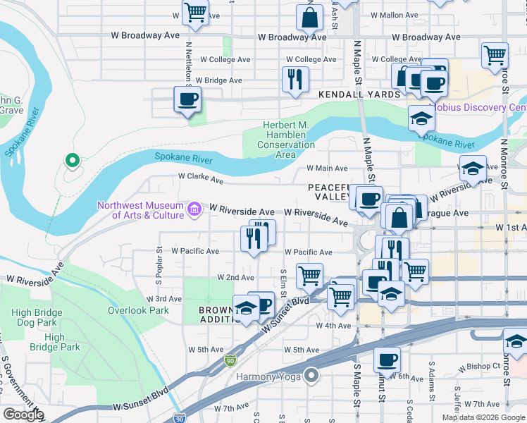 map of restaurants, bars, coffee shops, grocery stores, and more near 1920 West 1st Avenue in Spokane