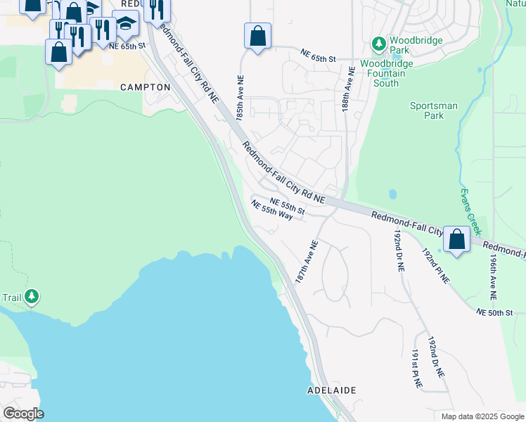 map of restaurants, bars, coffee shops, grocery stores, and more near 18530 Northeast 53rd Court in Redmond