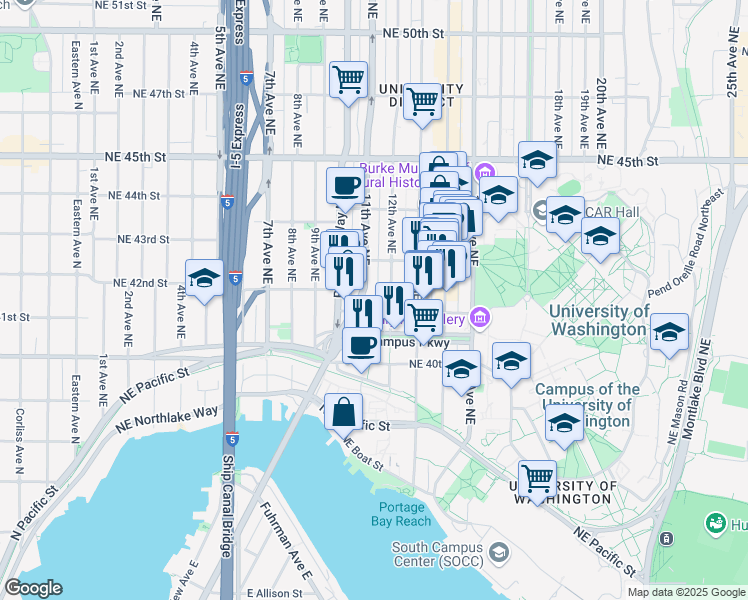 map of restaurants, bars, coffee shops, grocery stores, and more near 1100 Northeast Campus Parkway in Seattle