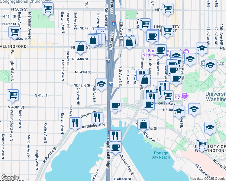 map of restaurants, bars, coffee shops, grocery stores, and more near 4034 Pasadena Place Northeast in Seattle