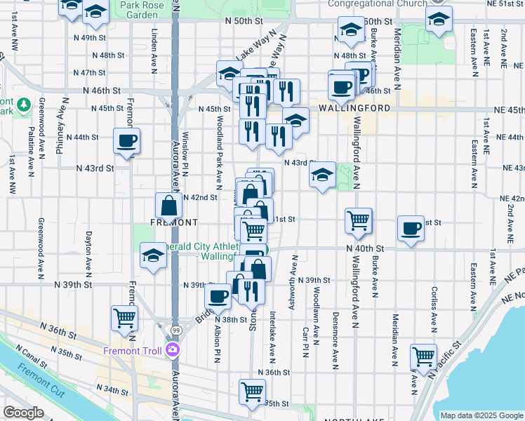 map of restaurants, bars, coffee shops, grocery stores, and more near 1317 North 41st Street in Seattle