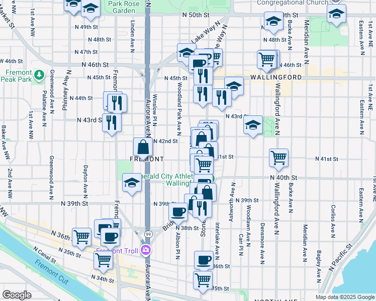 map of restaurants, bars, coffee shops, grocery stores, and more near 4040 Woodland Park Avenue North in Seattle