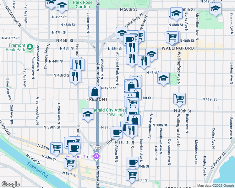 map of restaurants, bars, coffee shops, grocery stores, and more near 4040 Woodland Park Avenue North in Seattle