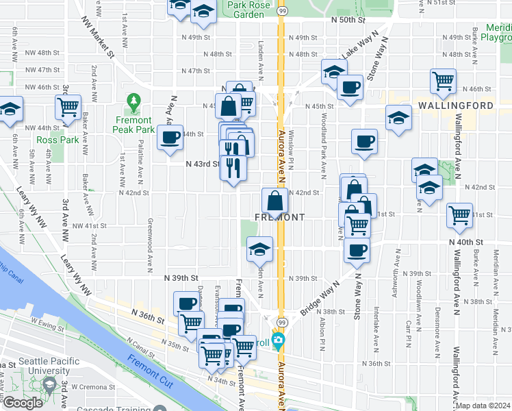 map of restaurants, bars, coffee shops, grocery stores, and more near 4025 Linden Avenue North in Seattle