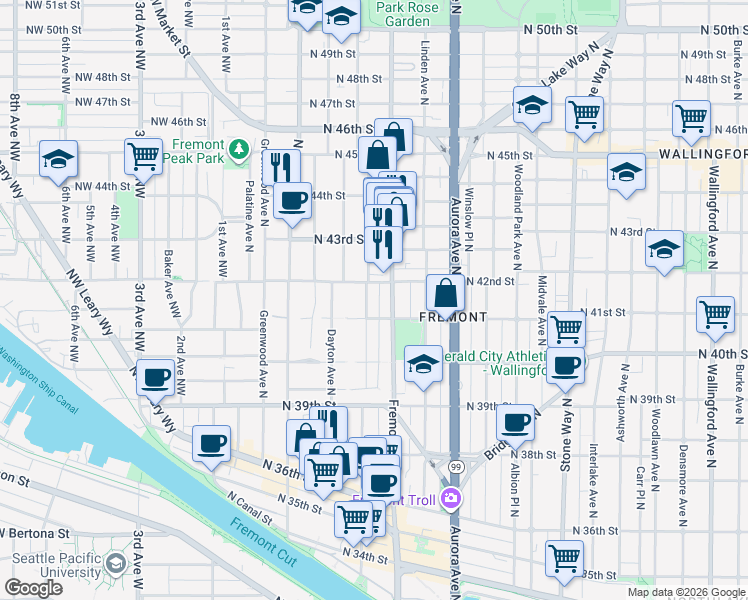 map of restaurants, bars, coffee shops, grocery stores, and more near 611 North 41st Street in Seattle
