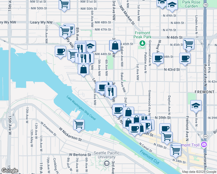 map of restaurants, bars, coffee shops, grocery stores, and more near 302 Northwest 40th Street in Seattle