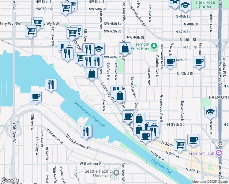 map of restaurants, bars, coffee shops, grocery stores, and more near 4001 Leary Way Northwest in Seattle