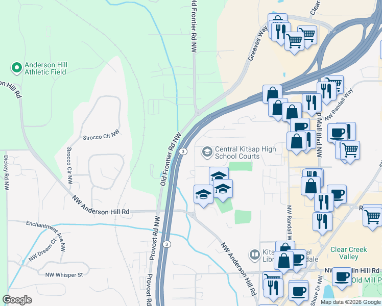 map of restaurants, bars, coffee shops, grocery stores, and more near 10203 Frontier Place Northwest in Silverdale