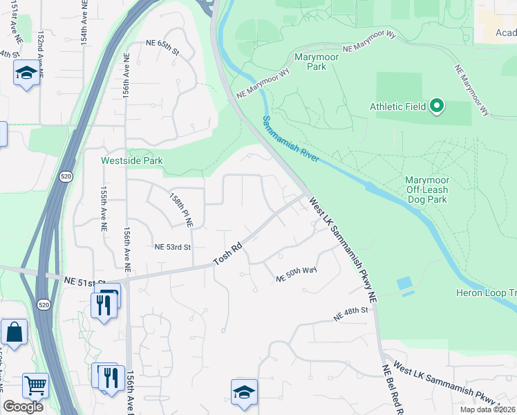 map of restaurants, bars, coffee shops, grocery stores, and more near 16136 Northeast 51st Street in Redmond