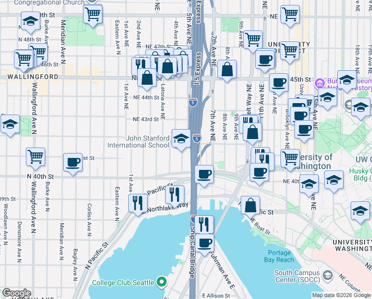 map of restaurants, bars, coffee shops, grocery stores, and more near 4030 5th Avenue Northeast in Seattle