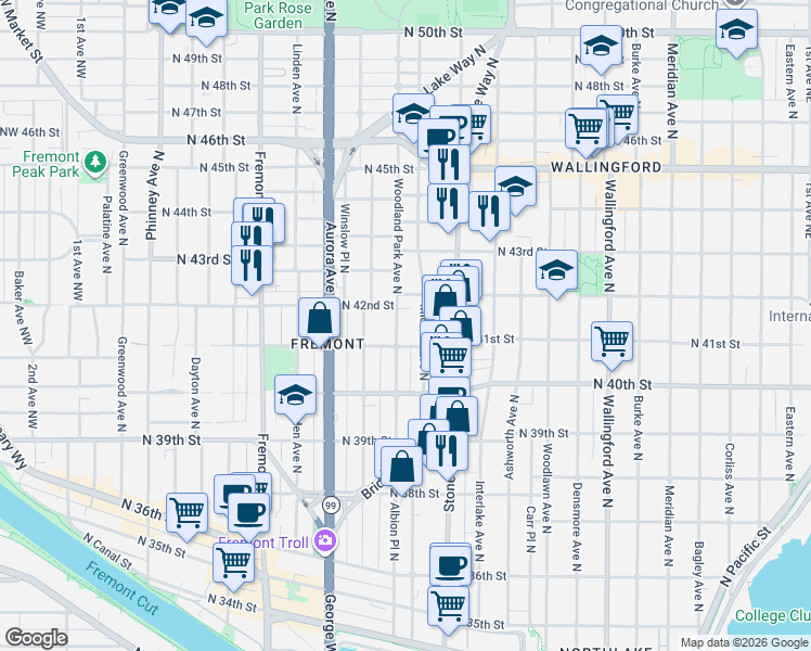 map of restaurants, bars, coffee shops, grocery stores, and more near 4040 Woodland Park Avenue North in Seattle