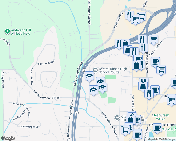 map of restaurants, bars, coffee shops, grocery stores, and more near 10203 Frontier Place Northwest in Silverdale