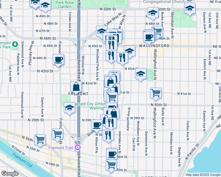 map of restaurants, bars, coffee shops, grocery stores, and more near 1211 North 41st Street in Seattle