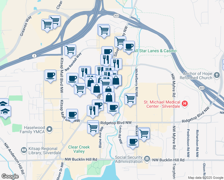 map of restaurants, bars, coffee shops, grocery stores, and more near Silverdale Way Northwest in Silverdale