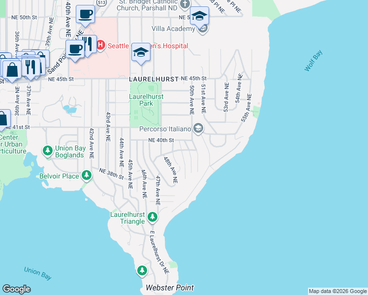 map of restaurants, bars, coffee shops, grocery stores, and more near 4870 Northeast 39th Street in Seattle