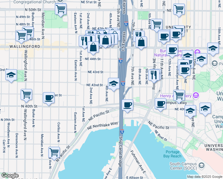 map of restaurants, bars, coffee shops, grocery stores, and more near 4057 5th Avenue Northeast in Seattle
