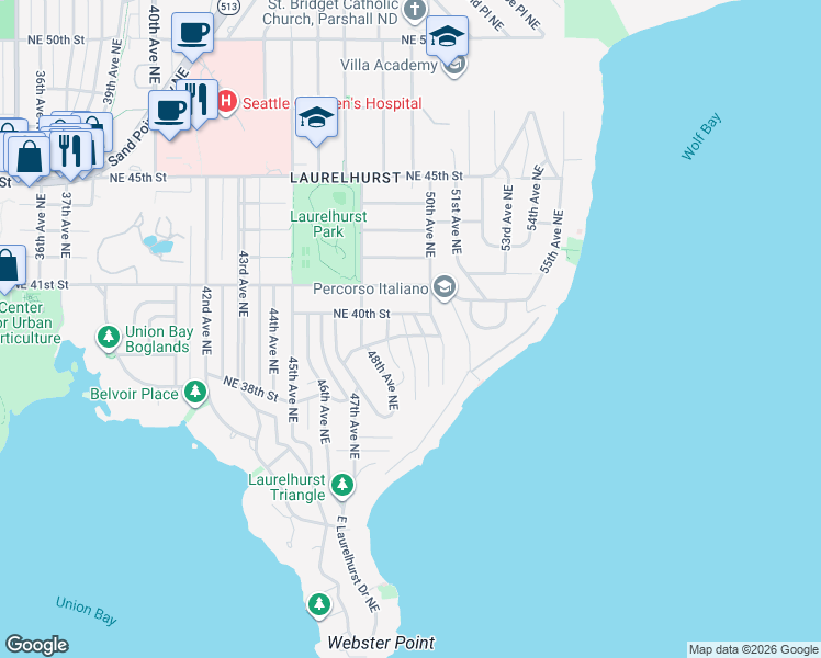 map of restaurants, bars, coffee shops, grocery stores, and more near 4870 Northeast 39th Street in Seattle