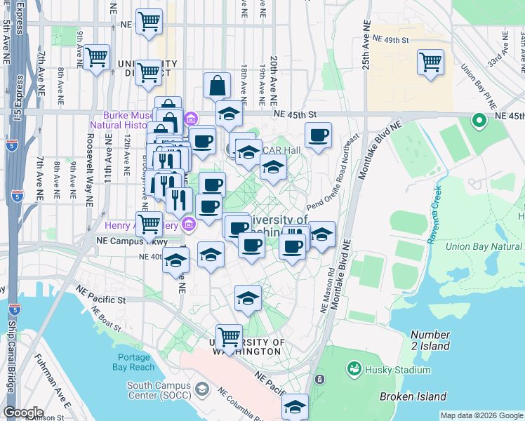 map of restaurants, bars, coffee shops, grocery stores, and more near Pierce Lane in Seattle