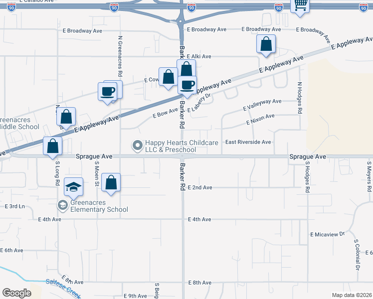map of restaurants, bars, coffee shops, grocery stores, and more near 110 North Barker Road in Spokane Valley