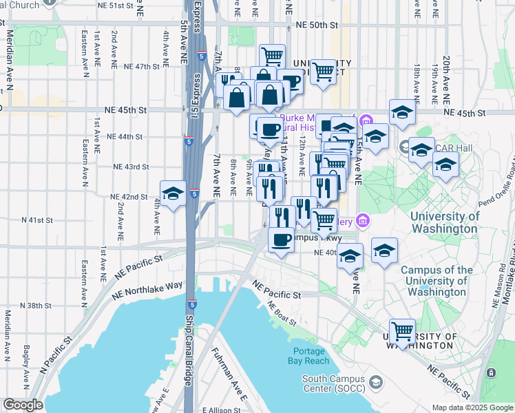 map of restaurants, bars, coffee shops, grocery stores, and more near 4217a 9th Avenue Northeast in Seattle