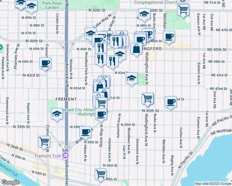 map of restaurants, bars, coffee shops, grocery stores, and more near 4135 Ashworth Avenue North in Seattle