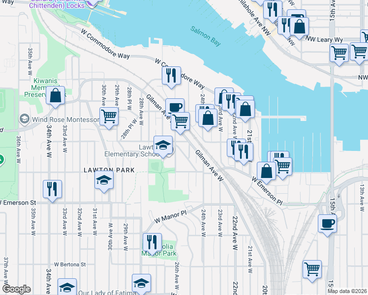 map of restaurants, bars, coffee shops, grocery stores, and more near 4052 Burton Place West in Seattle