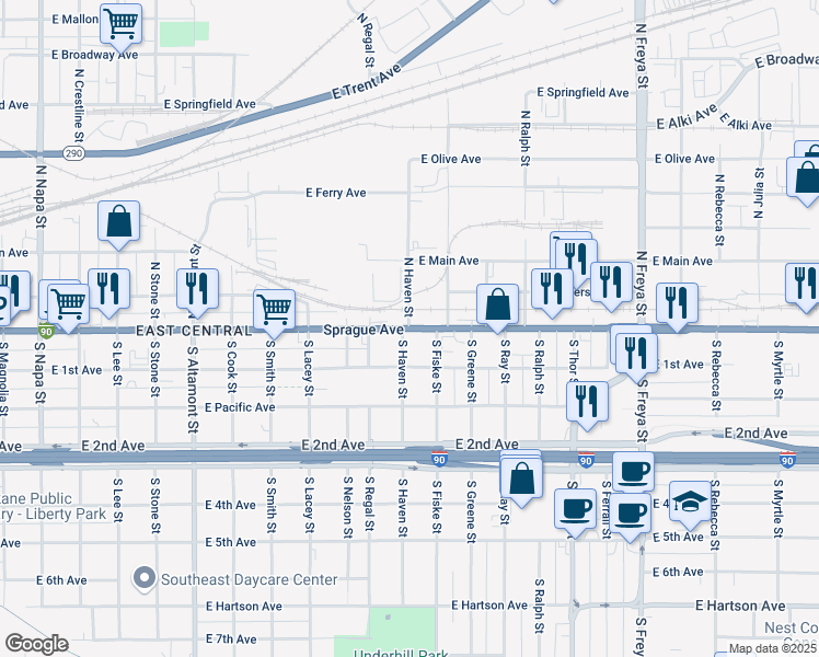 map of restaurants, bars, coffee shops, grocery stores, and more near 0 North Haven Street in Spokane